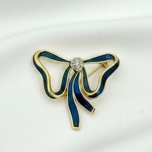 Vintage H.I. Enameled Blue & Gold Tone Bow Brooch/Pin